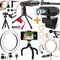 Kit Webcam Full Hd 1080p Usb Microfone Condensador Stream Live Alta Resolução Gravação Vídeo Aula Iluminação Home Office