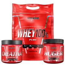 Kit Whey 100% 900g Pouch Chocolate + Creatina 100% Pura 300g + Huger 320g