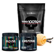 Kit Whey 100% HD Refil - 900g + Pré Treino B.O.P.E - 150g + Creatina 100% Monohidratada - 150 g - Black Skull