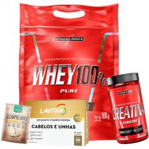 Kit Whey 100% Pure Protein Concentrado - Refil - 900g + Creatina 120 caps + Dose + Cabelos e Unhas