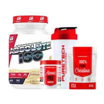Kit Whey Absolute Iso 900g - Bio Sport + Creatina 100% Pure 500g + Atomic Pré Workout 300g + Coqueteleira - Puretech Kit Whey Absolute Iso 900g - Bio Sport + Creatina 100% Pure 500g + Atomic Pré Workout 300g + Coqueteleira - Puretech