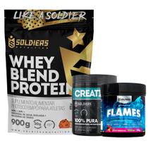 Kit: Whey Blend Protein Concentrado e Isolado 900g +Creatina Monohidratada Pote 300g 100% Pura+Pré-Treino Flames 200g