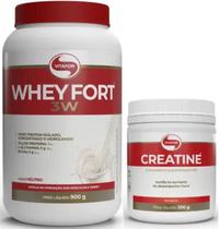 Kit Whey Fort 3W Pote 900g Sabores + Creatina Vitafor 300g