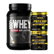 Kit Whey Protein 100% 923g - Nutrex + Pré Treino Psycho 300g + Glutamina 300g - Pretorian