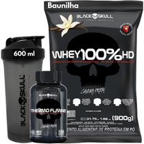 Kit Whey Protein 100% HD Pure 900g REFIL + Thermo Flame Termogênico 120 Tabletes + Coqueteleira 600ml - KIT BLACK SKULL