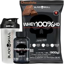 Kit Whey Protein 100% HD Pure 900g REFIL + Thermo Flame Termogênico 120 Tabletes + Coqueteleira 600ml - KIT BLACK SKULL