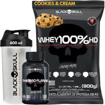 Kit Whey Protein 100% HD Pure 900g REFIL + Thermo Flame Termogênico 120 Tabletes + Coqueteleira 600ml - KIT BLACK SKULL