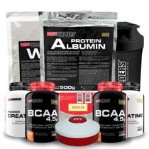 Kit Whey Protein 500g + Albumin Protein 500g + 2x BCAA 100g + 2x Power Creatina 100g + Coque + Porta Capsulas - Bodybuilders