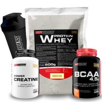 Kit Whey Protein 500g + BCAA 4,5 100g + Power Creatine 100g + Coqueteleira Bodybuilders