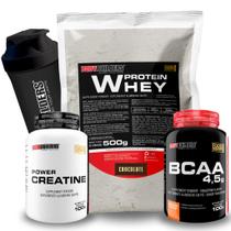 Kit Whey Protein 500g + BCAA 4,5 100g + Power Creatine 100g + Coqueteleira Bodybuilders