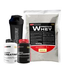 Kit Whey Protein 500g + Power Creatina 100g + Power Glutamina 100g + Coqueteleira 600ml- Kit de Suplementos em Pó para Ganho de Massa Muscular e Força - Bodybuilders