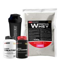 Kit Whey Protein 500g + Power Creatina 100g + Power Glutamina 100g + Coqueteleira 600ml- Kit de Suplementos em Pó para Ganho de Massa Muscular e Força
