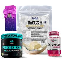 Kit Whey Protein Chocolate Branco + Colágeno 120 Cápsulas Vitamax + Pré Treino Posseidon