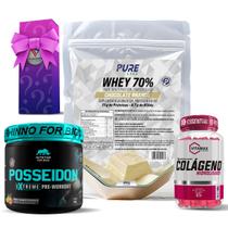 Kit Whey Protein Chocolate Branco + Colágeno 120 Cápsulas Vitamax + Pré Treino Posseidon