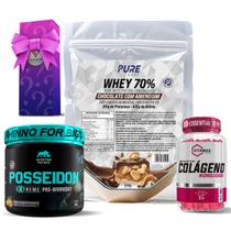 Kit Whey Protein Chocolate C/Amendoim + Colágeno 120 Cápsulas Vitamax + Pré Treino Posseidon