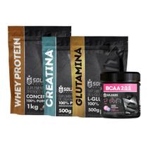 Kit: Whey Protein Concentrado 1Kg + Creatina Monohidratada 500g + Glutamina 500g + BCAA Em Pó 500g - 100% Importado - So