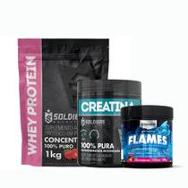 Kit: Whey Protein Concentrado 1kg+Creatina Monohidratada Pote 300g - 100% Pura+Pré-Treino Flames 200g - Soldiers Nutriti