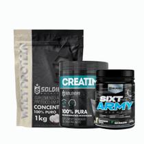 Kit: Whey Protein Concentrado 1kg+Creatina Monohidratada Pote 300g - 100% Pura+Pré-Treino Sixt Army Night 300g - Soldier