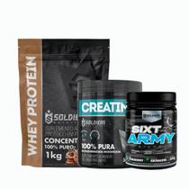 Kit: Whey Protein Concentrado 1kg+Creatina Monohidratada Pote 300g - 100% Pura+Pré-Treino Sixt Army Night 300g - Soldier