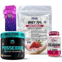 Kit Whey Protein Creme de Morango + Colágeno 120 Cápsulas Vitamax + Pré Treino Posseidon