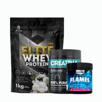 Kit: Whey Protein Elite 1kg + Creatina Monohidratada Pote 300g - 100% Pura + Pré-Treino Flames 200g - Soldiers Nutritio