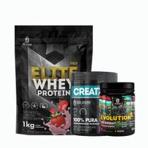 Kit: Whey Protein Elite-Pro 1kg +Creatina Monohidratada Pote 300g - 100% Pura+Pré-Treino Evolution Pré Workout 300g - So