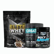 Kit: Whey Protein Elite-Pro 1kg+Creatina Monohidratada Pote300g 100% Pura+Pré-Treino Sixt Army Night 300g - Soldiers