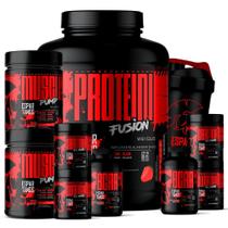 Kit Whey Protein Fusion 1,8 Kg + 2 BCAA + 2 Creatina + 2 Glutamina + 2 Pré Treino Frutas Vermelhas + Shaker