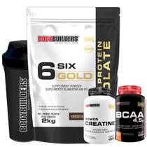 KIT Whey Protein Isolado Six Gold 2 Kg + Power Creatina 100g + BCAA 100g + Coqueteleira - BodyBuilders