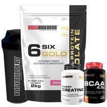 KIT Whey Protein Isolado Six Gold 2 Kg + Power Creatina 100g + BCAA 100g + Coqueteleira - BodyBuilders KIT Whey Protein Isolado Six Gold 2 Kg + Power Creatina 100g + BCAA 100g + Coqueteleira - BodyBuilders