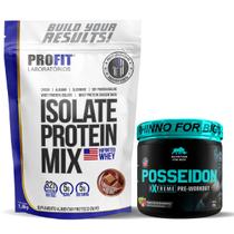 Kit Whey Protein Mix 1,8Kg Profit Chocolate + Pré Treino Posseidon Morango C/Kiwi