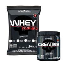 Kit Whey Protein Turbo Morango 907g + Creatina 100% Monohidratada 300g Black Skull