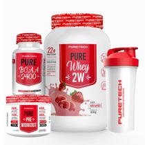 Kit Whey Pure 2W 900g + BCAA 2400 120 Cáps + Pré-treino 100g + Coqueteleira 600ml - PureTech Kit Whey Pure 2W 900g + BCAA 2400 120 Cáps + Pré-treino 100g + Coqueteleira 600ml - PureTech
