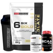 Kit Whey Six Isolate Gold 2kg + Creatina 100g + BCAA 100g Tangerina + Coqueteleira - Bodybuilders