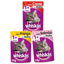 Kit Whiskas Sachê Gatos Adultos Carne + Frango + Salmão - 20 Unidades