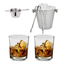 Kit Whisky 2 Copo Vidro Balde Pinça Gelo Esfera Dosador Inox