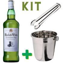 Kit whisky Black & White 1 litro 8 anos escocês com balde e pegador de gelo INOX