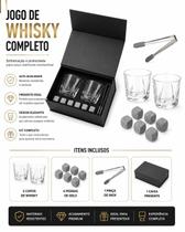 Kit Whisky Premium 2 Copos de Vidro 6 Pedras de Granito Reutilizáveis com Pinça Kit Whisky Premium 2 Copos de Vidro 6 Pedras de Granito Reutilizáveis com Pinça
