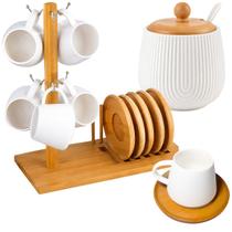 Kit Xícara Café 90ml 7 Peças Açucareiro Suporte Bambu Branco Kit Xícara Café 90ml 7 Peças Açucareiro Suporte Bambu Branco