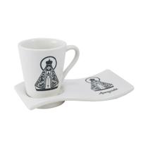 Kit Xícara Caneca Porcelana 120ml Café/Chá + Pires Ondulado Nossa Senhora Aparecida Sortidos Decoraçao:Aparecida Negrito