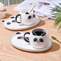 Kit Xícara Cerâmica Panda Com Pires Prato Colher Para Café