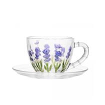 Kit Xícara de Vidro Com Pires Pintura a Mão Flores Lavanda