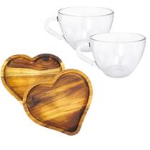 Kit Xicaras 230ml + Pires Madeira coracao Mesa Posta Café Kit Xicaras 230ml + Pires Madeira coracao Mesa Posta Café