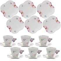 Kit xicaras cha porcelana c/pires e pratos sobremesa borboletas