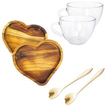 Kit Xicaras + Pires Madeira + Colher Dourada Mesa Posta chá