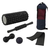 Kit Yoga 5 Peças Com Bastão, Foam Roller, Bola, Faixa Elástica E Bolsa Alongamento, Treino E Recuperação - Preto
