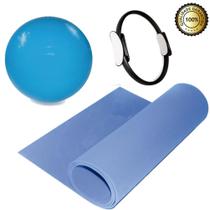 Kit Yoga Pilates Funcional Anel Tapete Azul E Bola Suíça