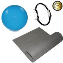 Kit Yoga Pilates Funcional Anel Tapete Azul E Bola Suíça