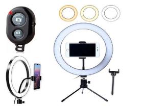 Kit Youtber Ring Light 20cm Iluminador Led Flash Anel Makeup Tripé de Mesa + Controle Bluetooth Gravação Vídeo + Suporte - Ring Fill Light