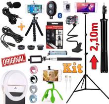 Kit Youtuber 12x1 Profissional Microfone Lapela + Tripé 2,10m Celular + Luz Flash Ring Light Kit Lentes Bastão de Selfie Kit Youtuber 12x1 Profissional Microfone Lapela + Tripé 2,10m Celular + Luz Flash Ring Light Kit Lentes Bastão de Selfie